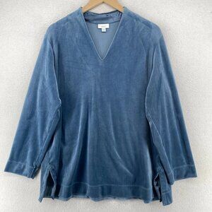 J.JILL Top XL PURE JILL Tunic Velour V-Neck Stretch Long Sleeve Blue